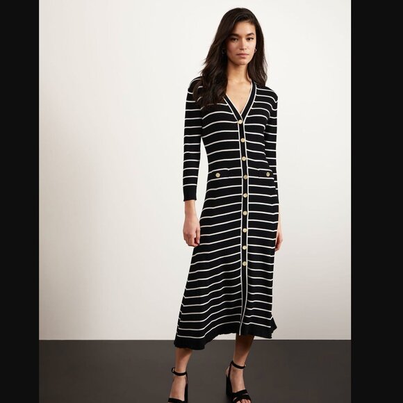 HOBBS LONDON LTD Belmont Knit Midi Dress Sz 8 US Black White Stripe - Picture 1 of 9